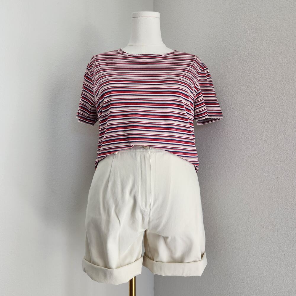 Vintage 90s Red Blue White Striped Short Sleeve Boxy T Shirt Basic Editions M